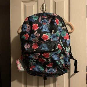 Disney Black Backpack with Blue Stitch and Pink Floral Accents